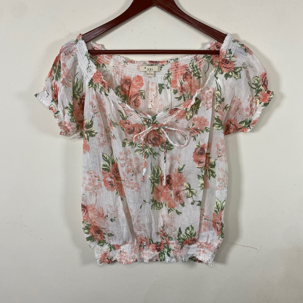 Y2K Floral Rose Print Top Womens Puff Sleeve Tie Smocked Sheer‎ Blouse Coquette - Picture 2 of 7